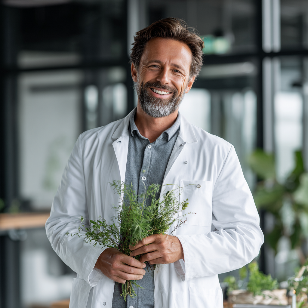 Щаслива жінка середнього віку європейської зовнішності з сяючою посмішкою та здоровою шкірою, одягнена в натуральні тони, на фоні зеленого саду