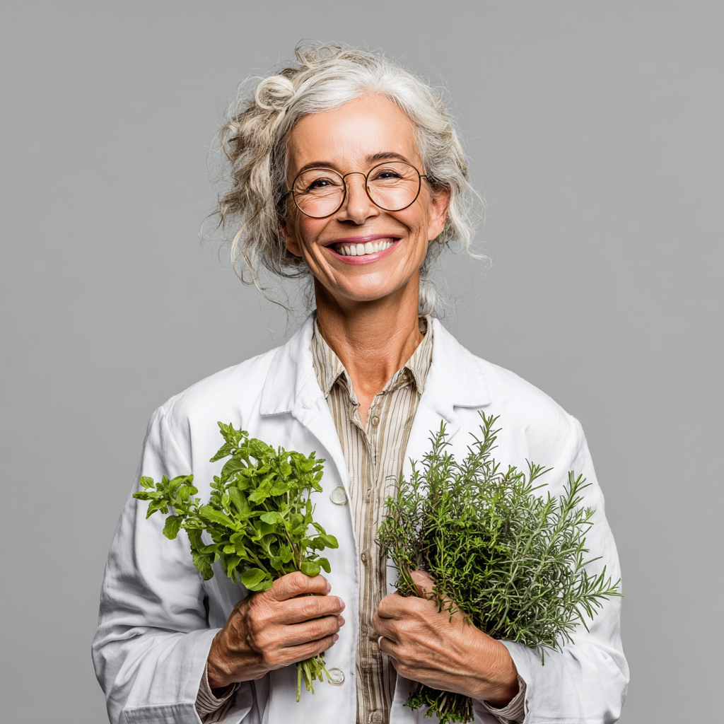 Спеціаліст з натуропатії європейської зовнішності з усмішкою демонструє натуральні засоби - олії, трави та екстракти в скляних пляшечках на дерев'яному столі в сучасній клініці