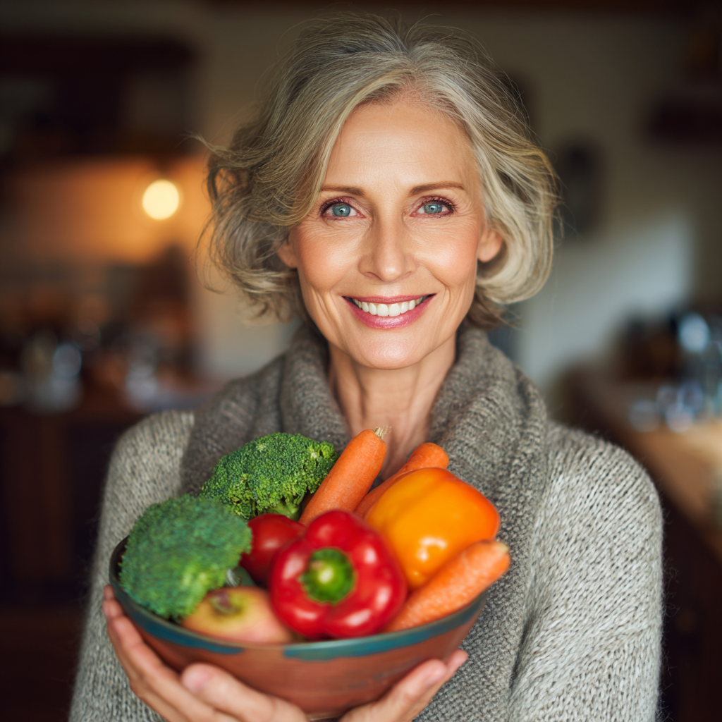 Щаслива жінка з європейської зовнішності з природною посмішкою, середнього віку, зі здоровою шкірою, на нейтральному фоні у натуральних тонах